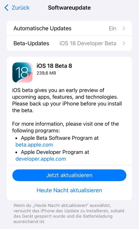 长丰镇苹果手机维修分享苹果 iOS / iPadOS 18 开发者预览版 Beta 8 发布 